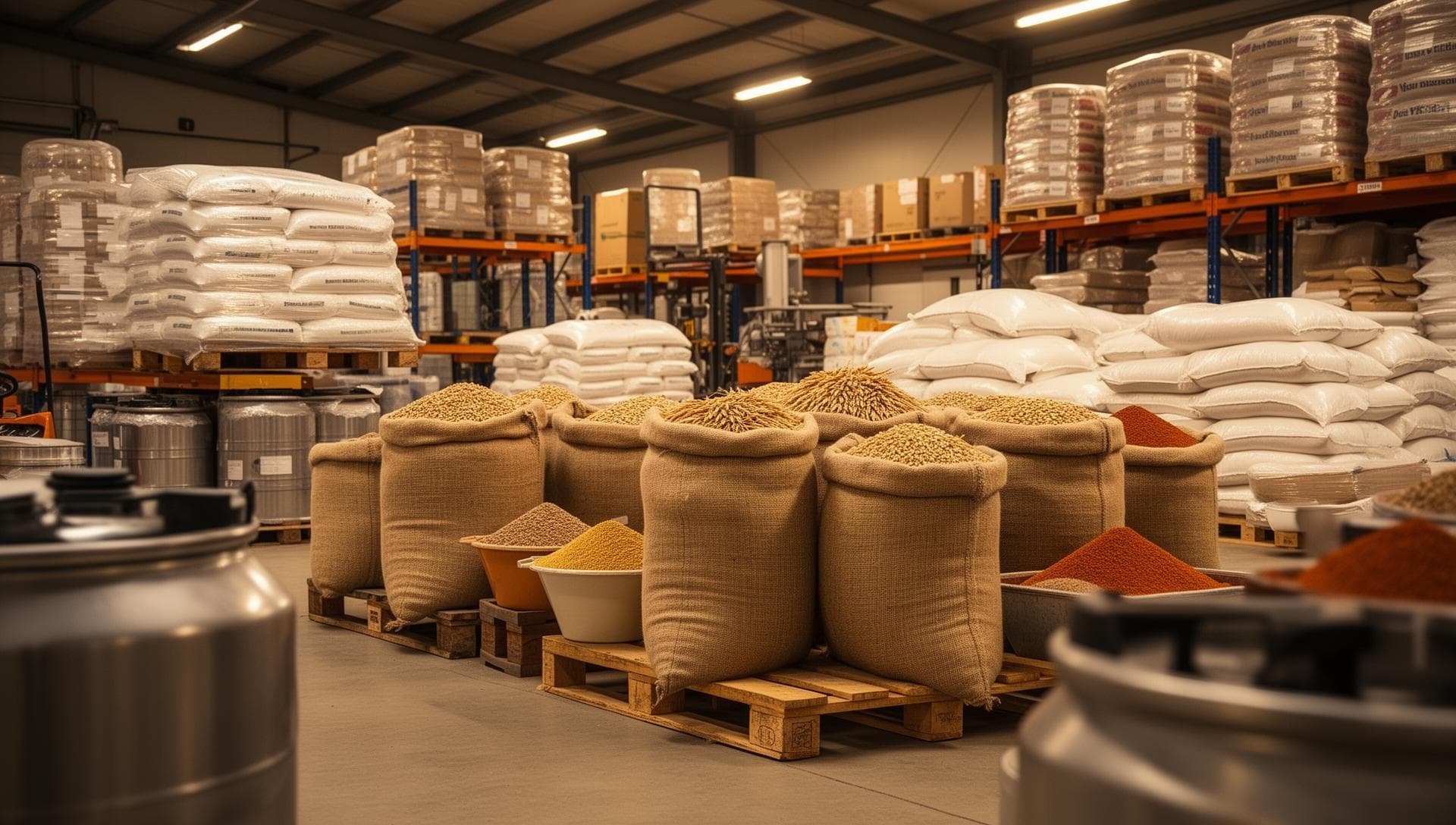 Industrial food warehouse with bulk ingredients